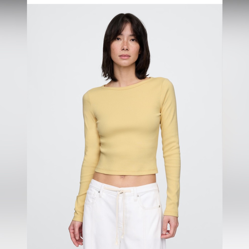Gap heavyweight rib boatneck butter yellow long sleeve shirt new small petite